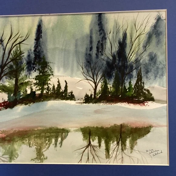 ORIGINAL SIGNED WATERCOLOR LANDSCAPE PINE TREE SNOW BANK LAKE REFLECTION MATTED